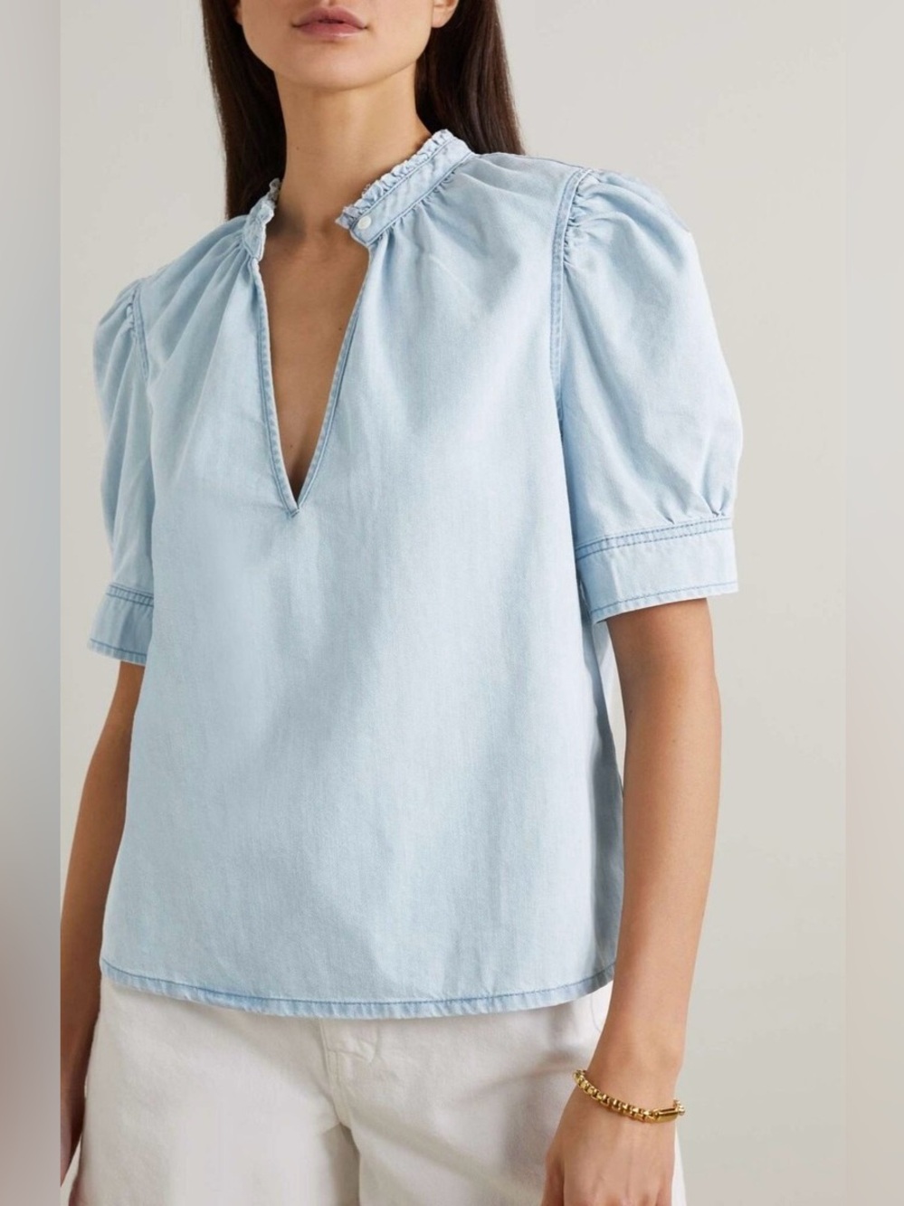 Frame Denim Light Blue V-Neck Puff Sleeve Top
